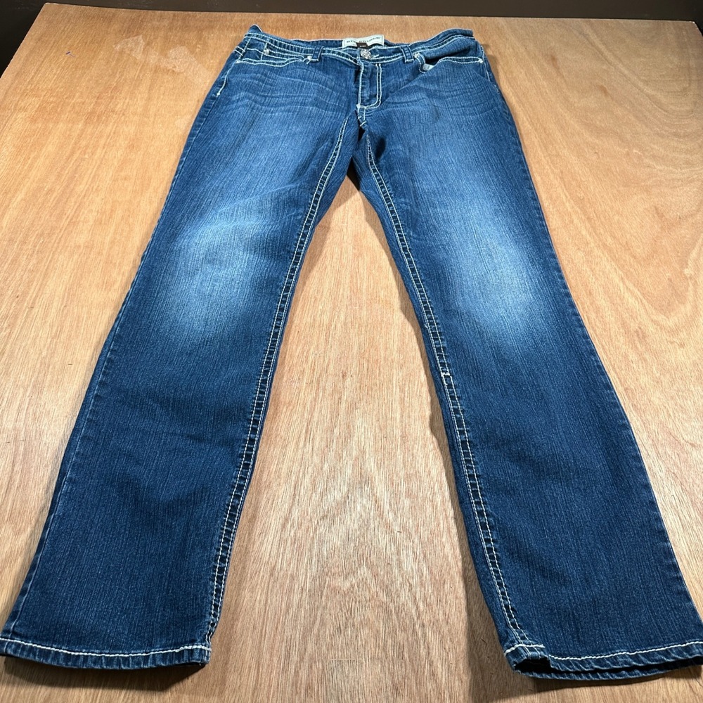 Bit & Bridle Straight Leg Jeans Women 12 Blue Contrast Stitch Stretch Denim